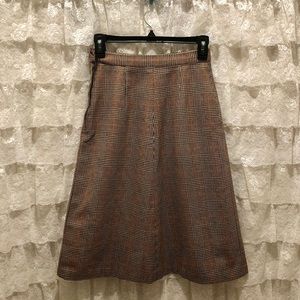 Vintage 70s XS Brown Plaid Pinstripe Wool Skirt